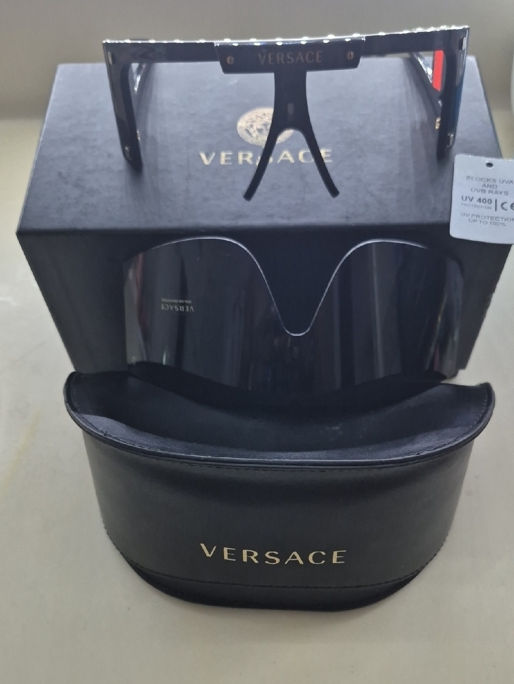 Versace Black Gold Shield Visor Sunglasses